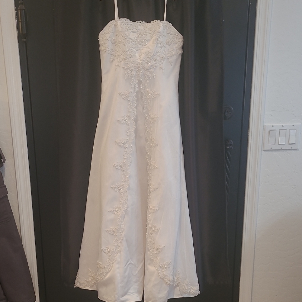 Elegant White Satin Flower Girl Dress with Lace, Pearls & Sequins Details